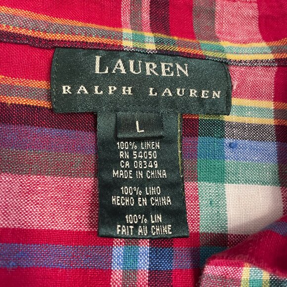 Lauren Ralph Lauren Shirt Women Sz Large 100% Linen Red Plaid Button Up Roll Tab - Picture 2 of 16